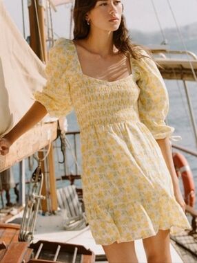 Faithfull The Brand Linen Yellow Floral Smocked Mini Dress Size S US 4